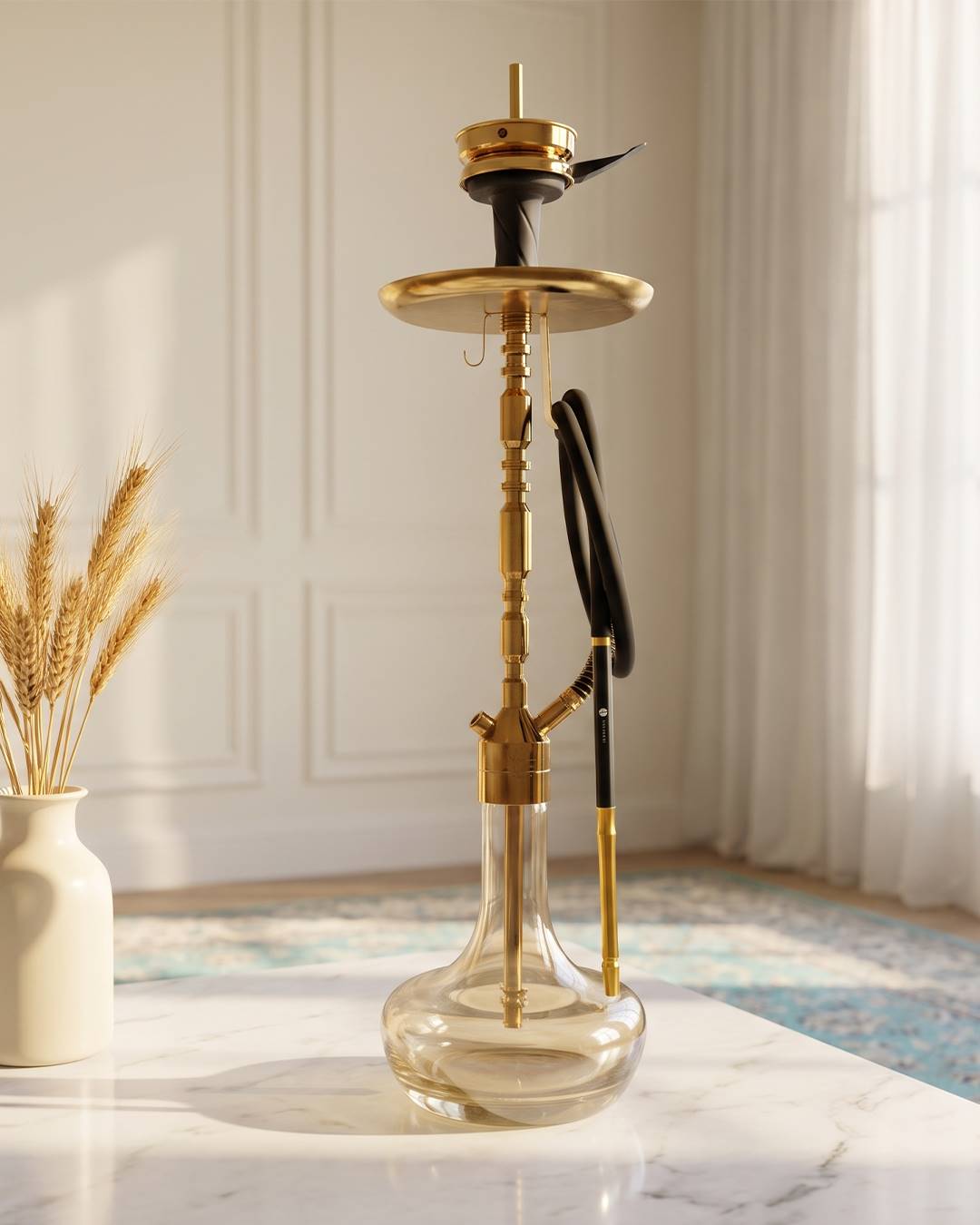 قلیان کرنو بارسلون طلایی با شیشه ساده عسلی| {اصل + 3 سال گارانتی}