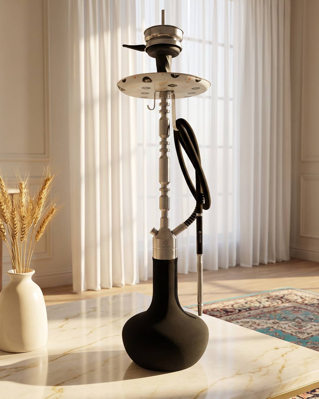 قلیان کرنو بارسلون نقره ای با شیشه ساده مخمل مشکی | {اصل + 3 سال گارانتی}