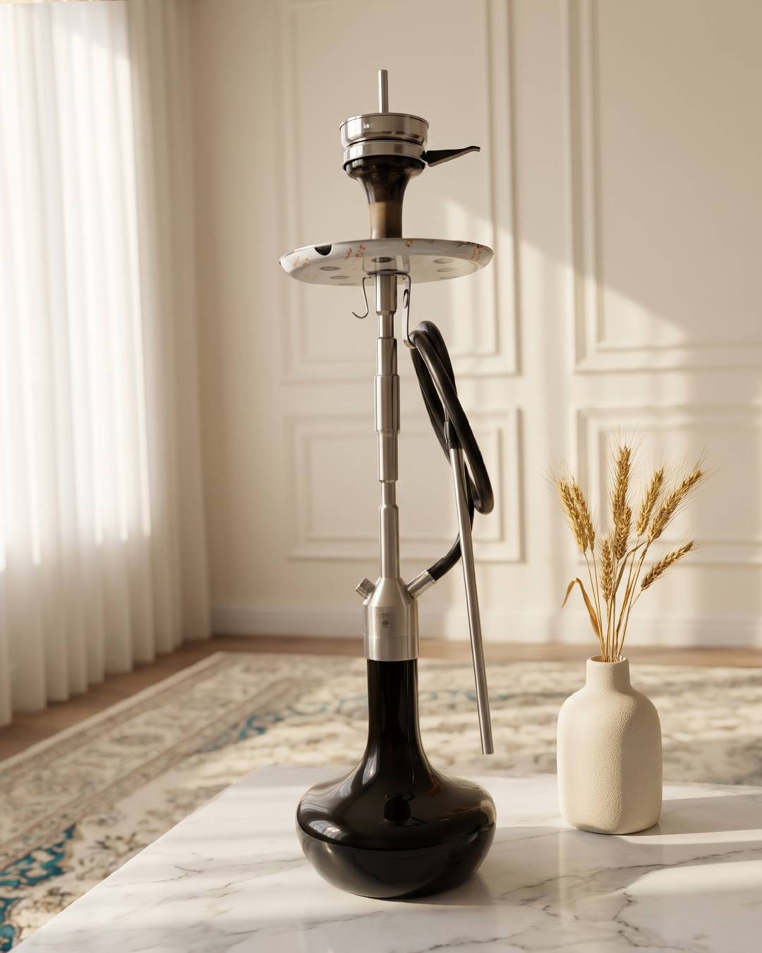 قلیان کرنو کالیفرنیا نقره ای با شیشه ساده مشکی | {اصل + 3 سال گارانتی}
