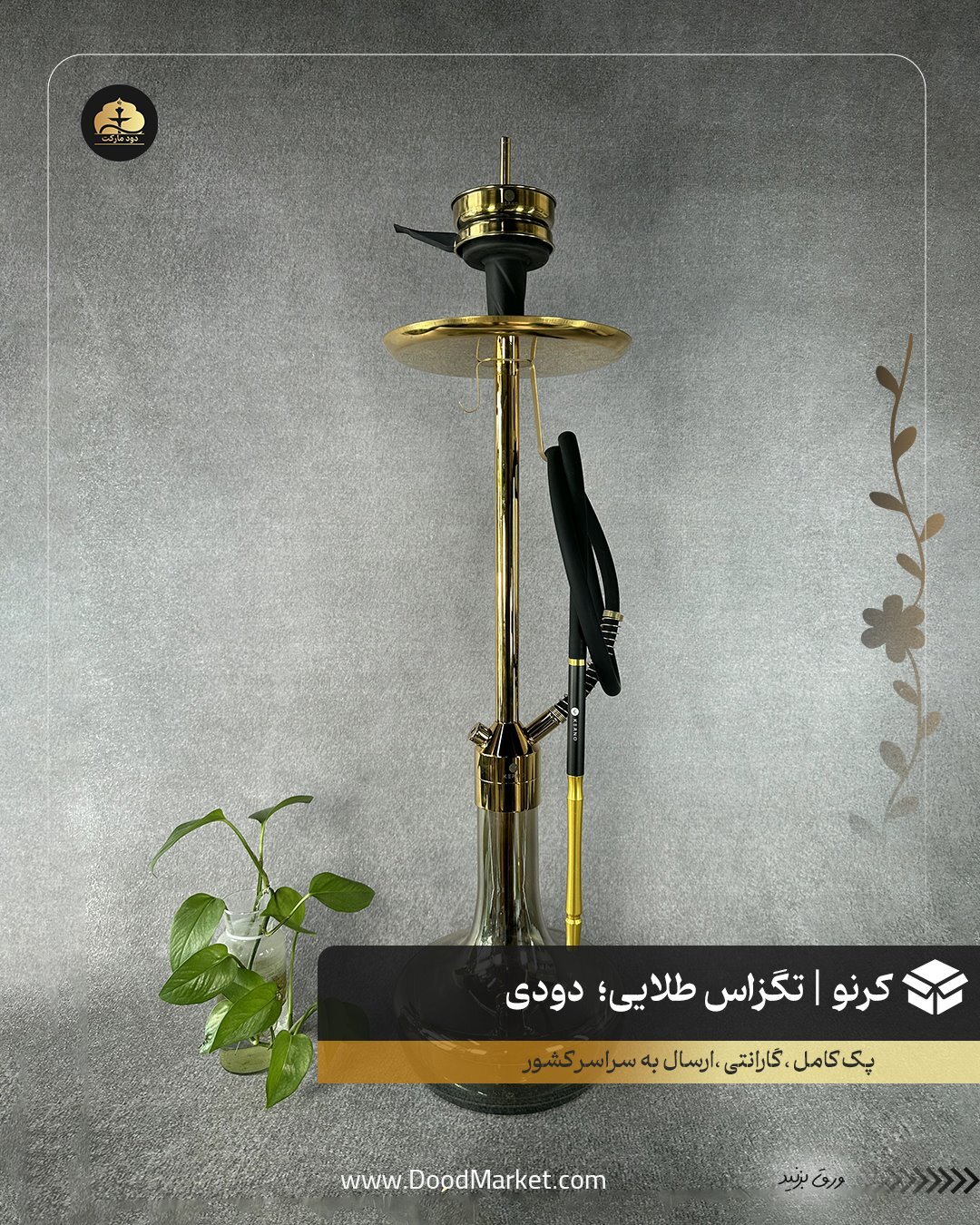 قلیان کرنو تگزاس طلایی با شیشه ساده دودی | {اصل + 3 سال گارانتی}