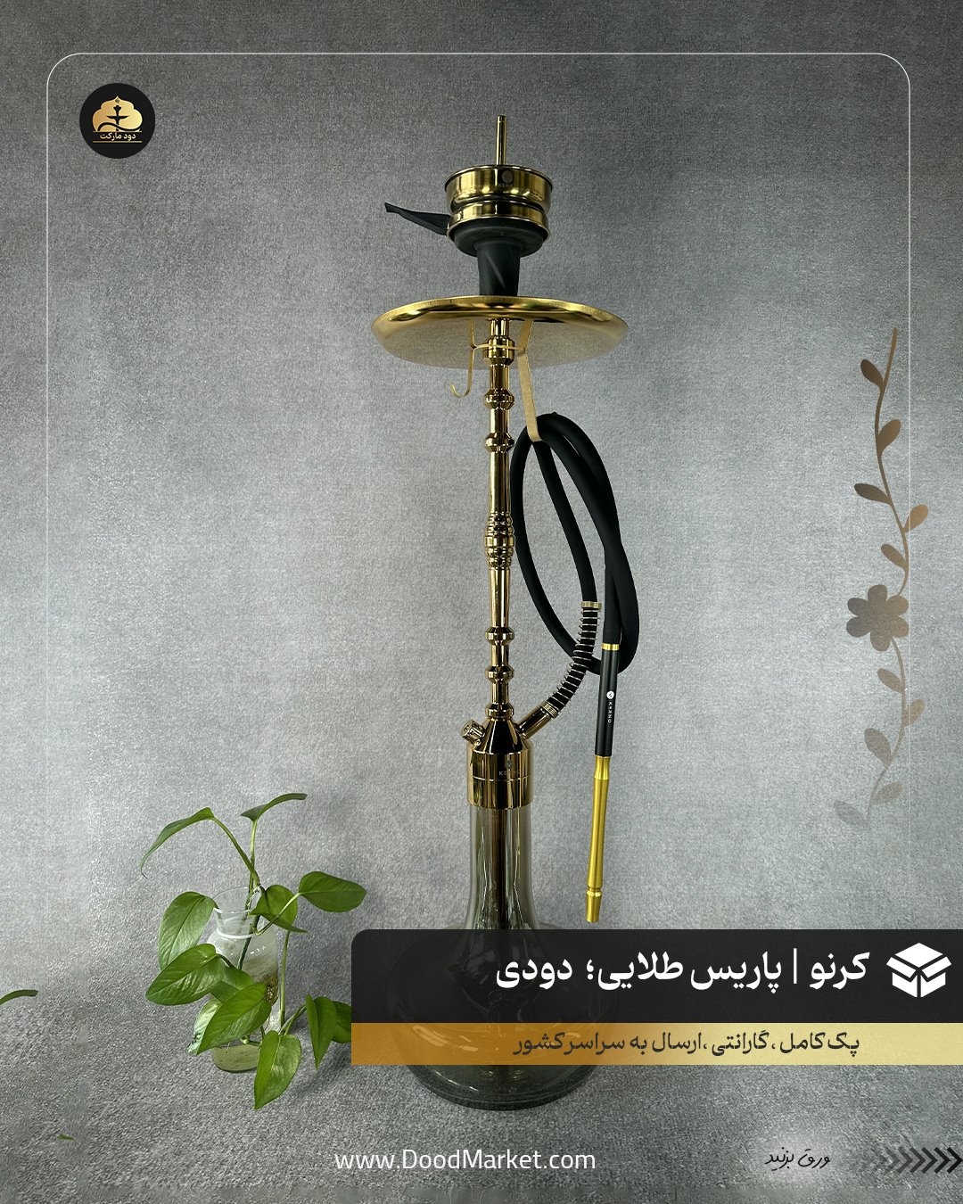 قلیان کرنو پاریس طلایی با شیشه ساده دودی | {اصل + 3 سال گارانتی} 