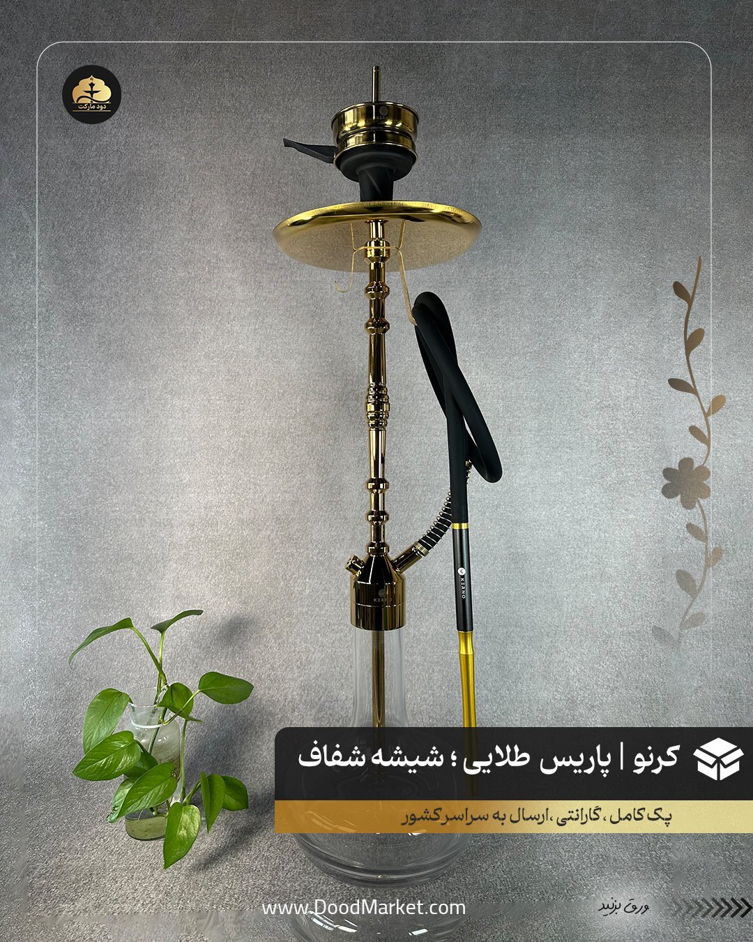 قلیان کرنو پاریس طلایی با شیشه ساده شفاف | {اصل + 3 سال گارانتی}