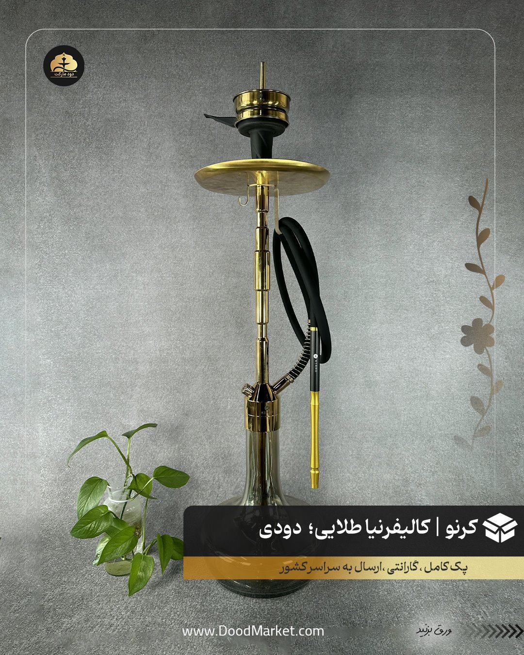  قلیان کرنو کالیفرنیا طلایی با شیشه ساده دودی | {اصل + 3 سال گارانتی} 