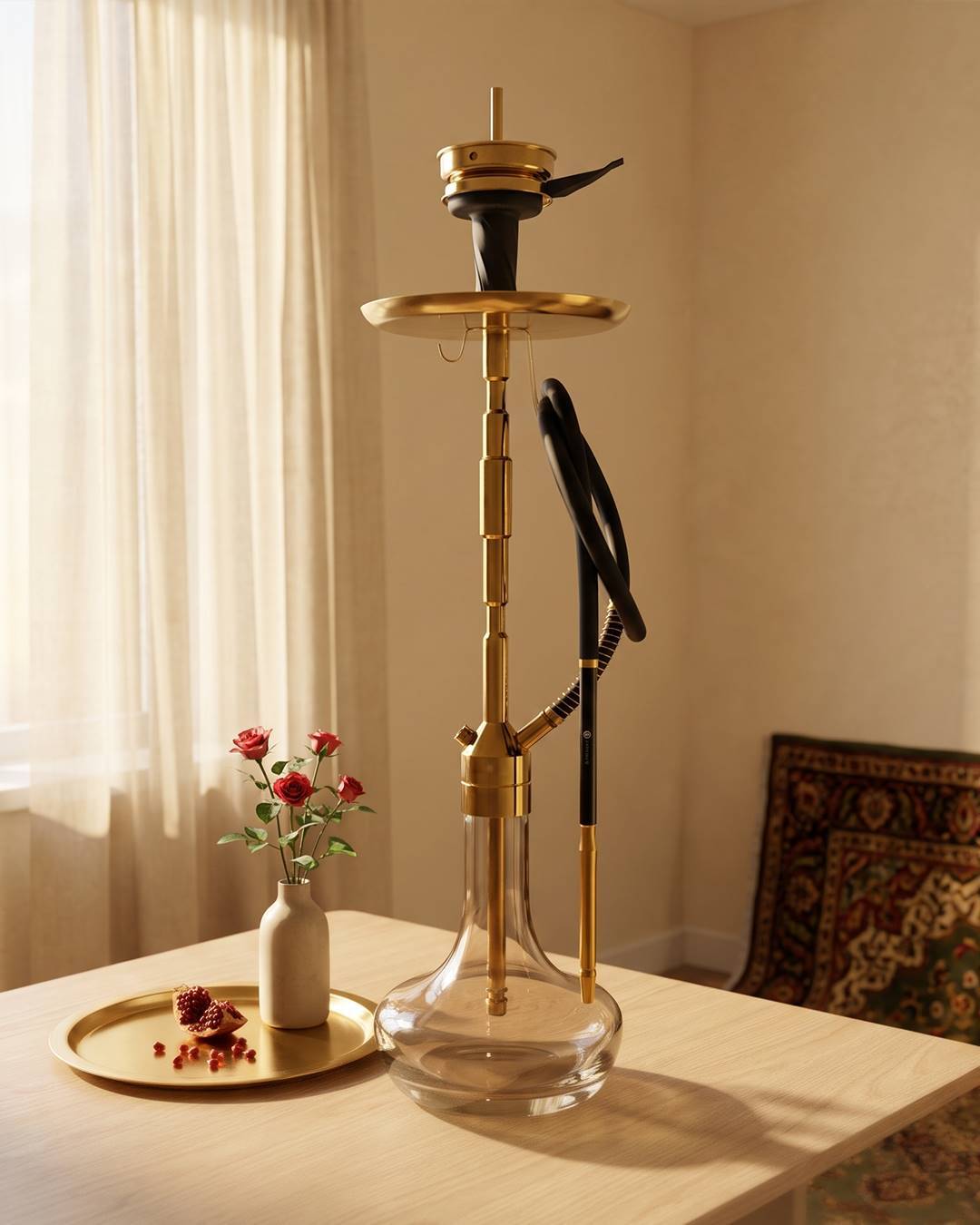  قلیان کرنو کالیفرنیا طلایی با شیشه ساده عسلی {اصل + 3 سال گارانتی} 