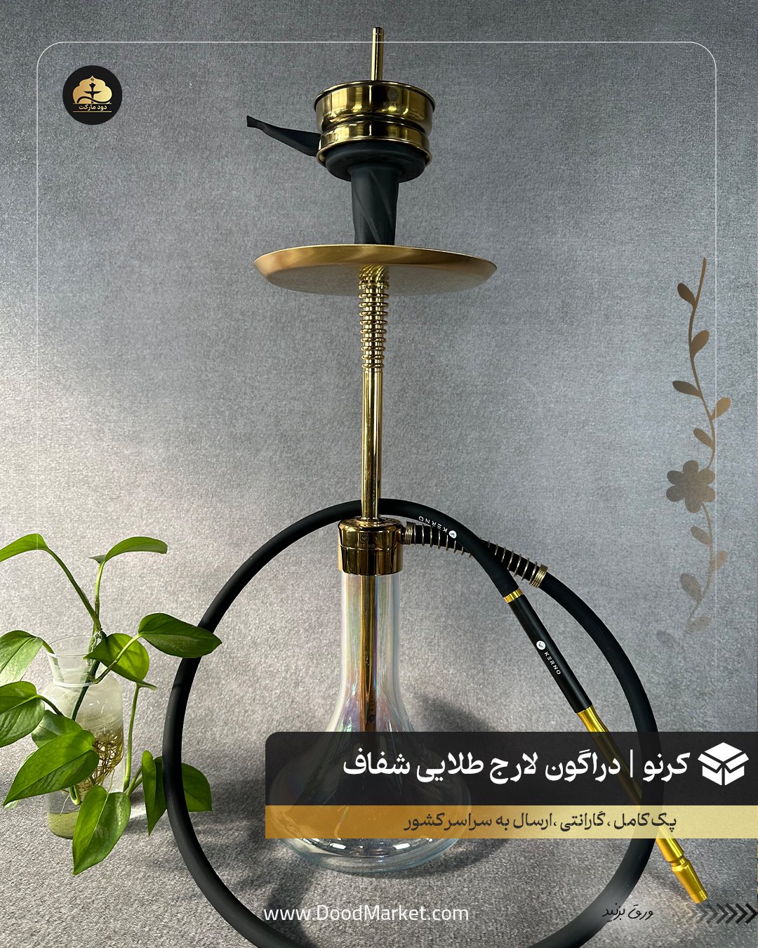 قلیان کرنو دراگون لارج طلایی با شیشه شفاف