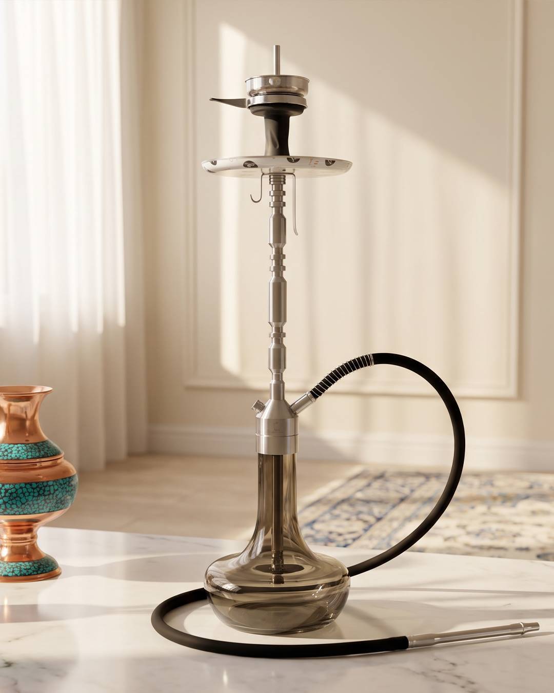  قلیان کرنو بارسلون نقره ای با شیشه ساده دودی | {اصل + 3 سال گارانتی} 